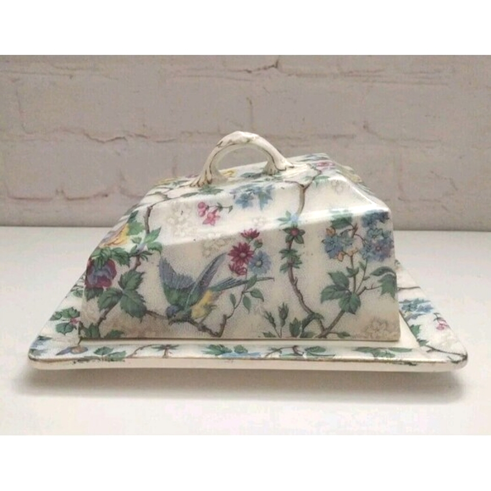 Royal Tudor Ware Barker Bros England Covered Butter Dish Bluebirds & Flowers